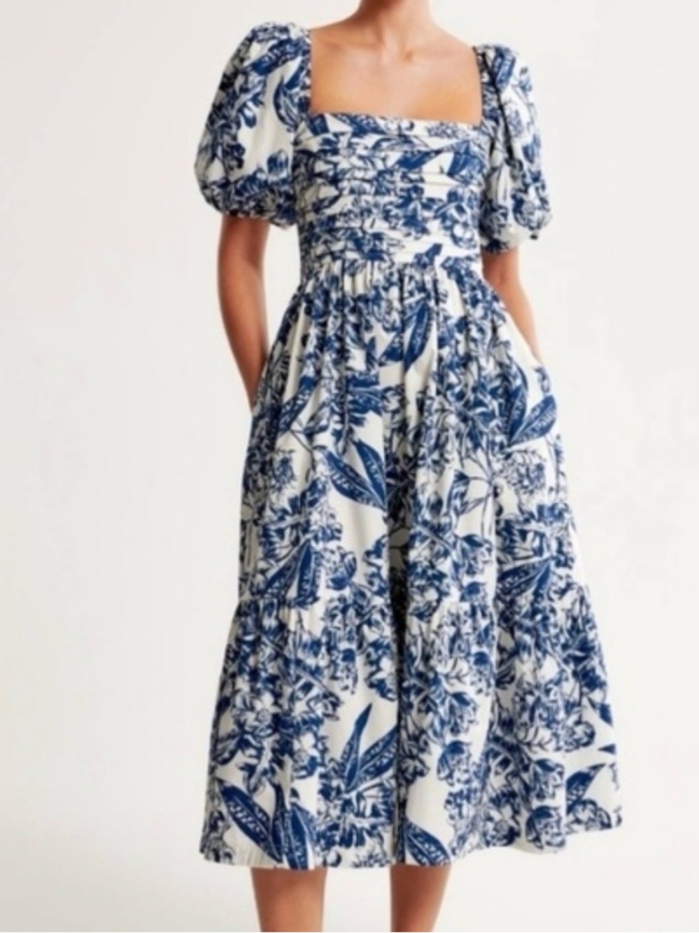 Abercrombie & Fitch Blue and White Floral Puff-Sleeve Midi Dress